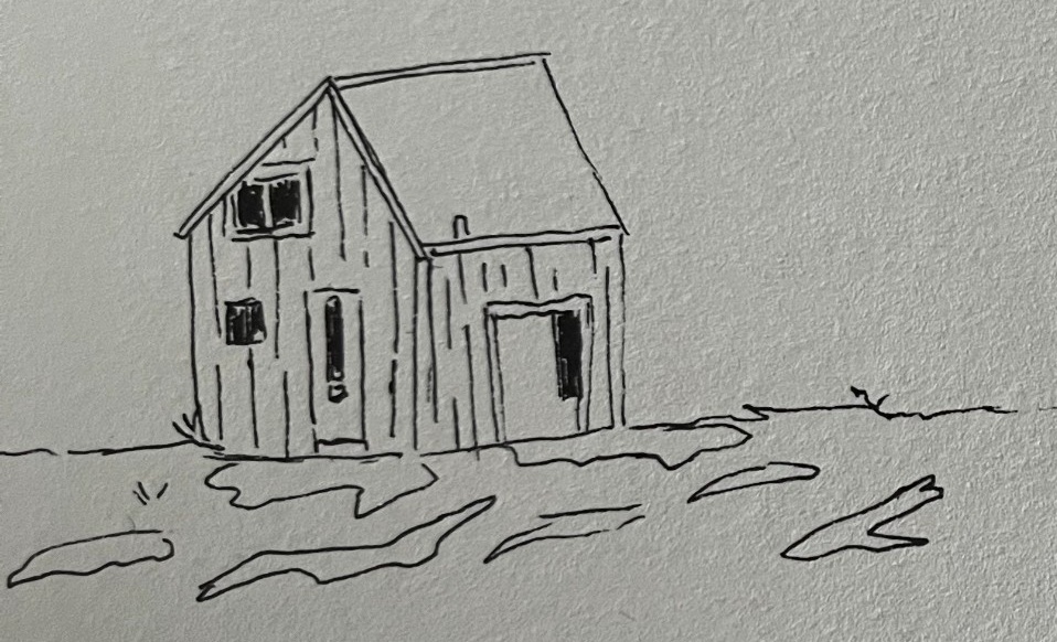 Textured ink sketch of a rustic wooden cabin, emphasizing the rough timber grain and forest atmosphere.
